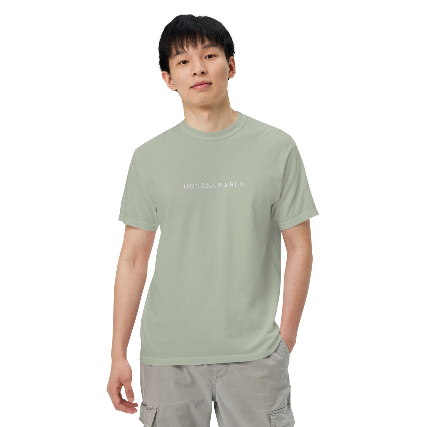 UNBREAKABLE EMBROIDERED UNISEX TEE - LIGHT SAGE