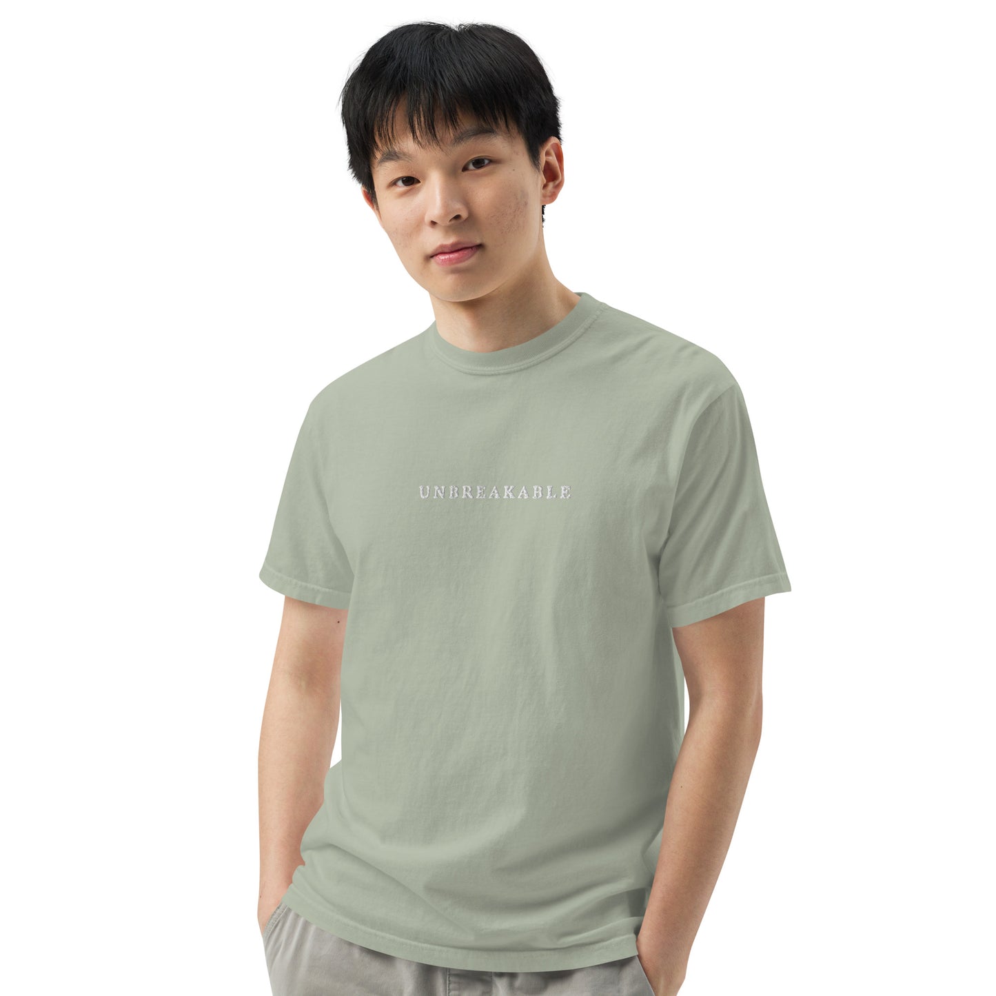 UNBREAKABLE EMBROIDERED UNISEX TEE - LIGHT SAGE