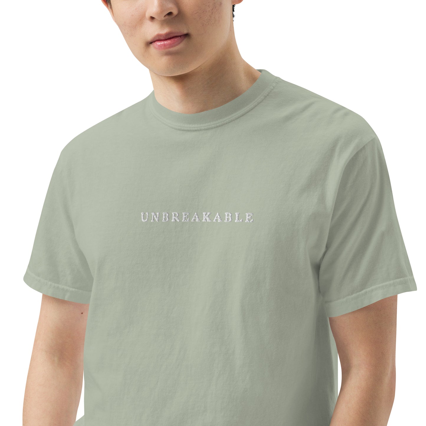 UNBREAKABLE EMBROIDERED UNISEX TEE - LIGHT SAGE