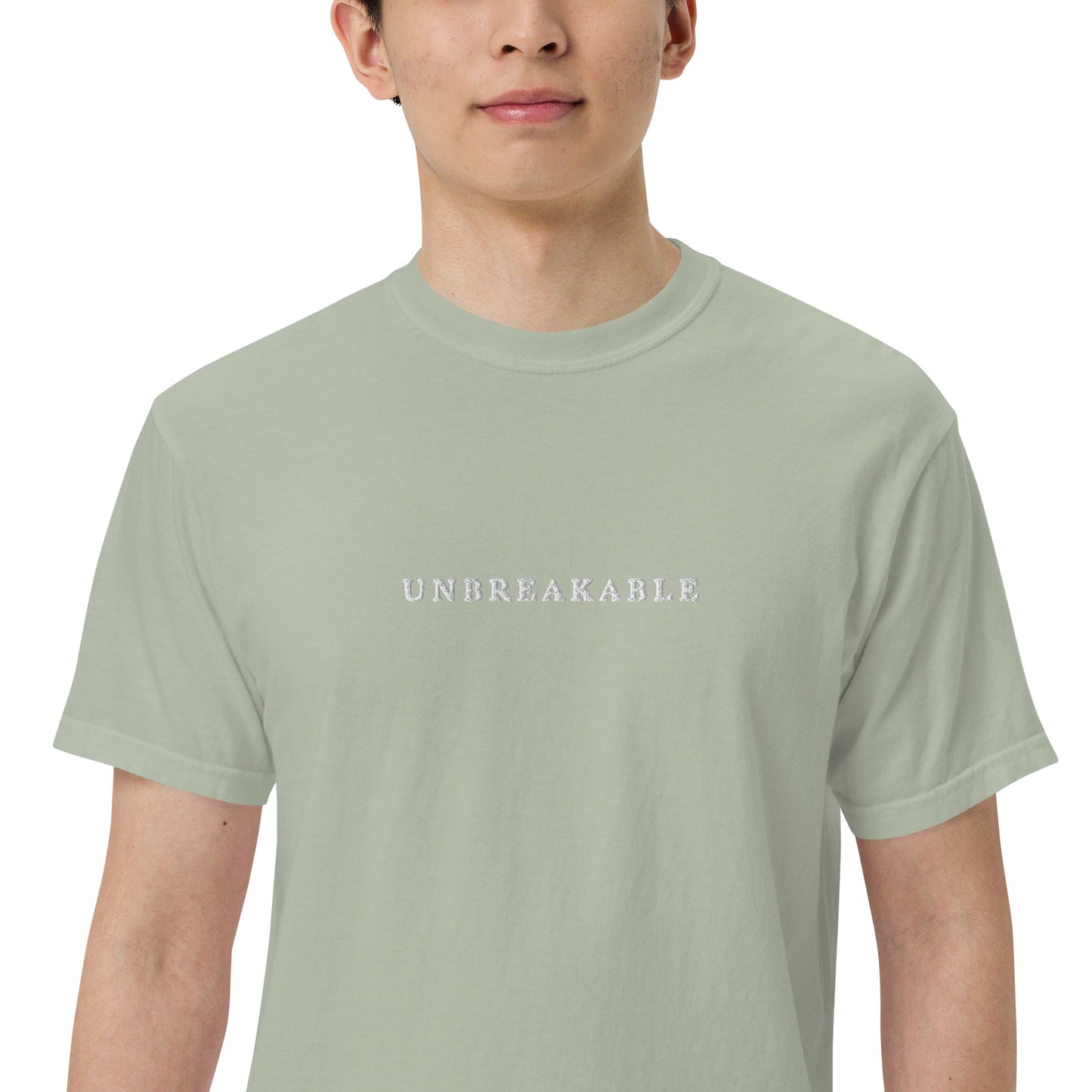 UNBREAKABLE EMBROIDERED UNISEX TEE - LIGHT SAGE